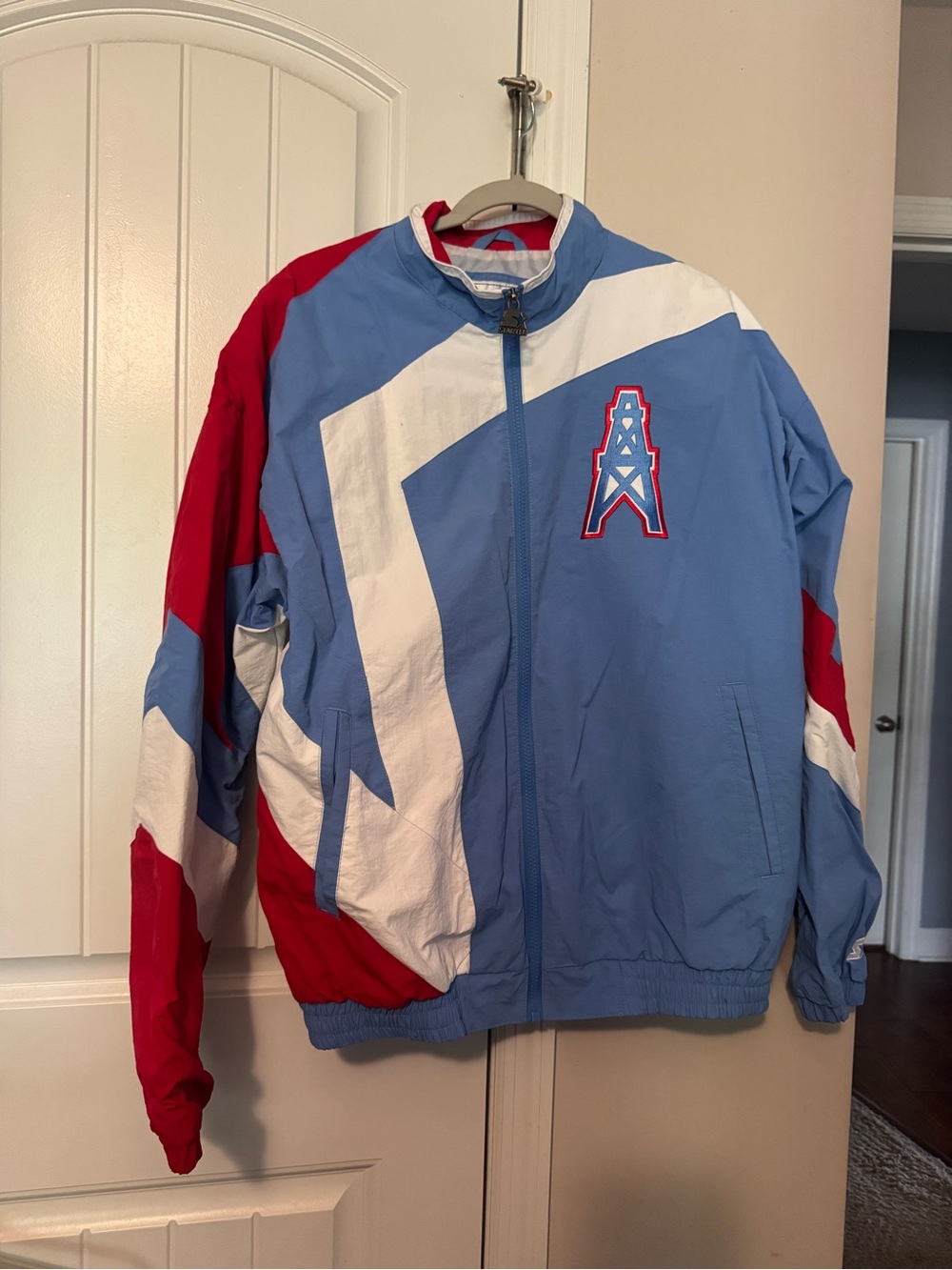 STARTER Men's Colorblock Windbreaker in Light Blue, Red & White